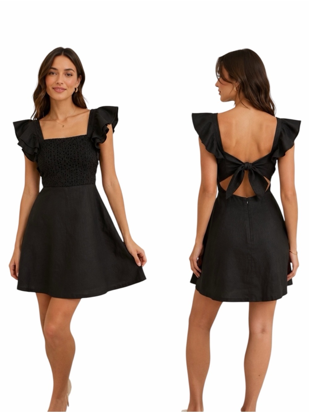 AQUA XS Black Linen Cotton Blend Eyelet Flutter Sleeve Open Back Mini Dress